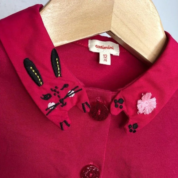 Catimini shirt magenta pink long sleeve embroidered bunny collar size 12 months - Picture 7 of 8